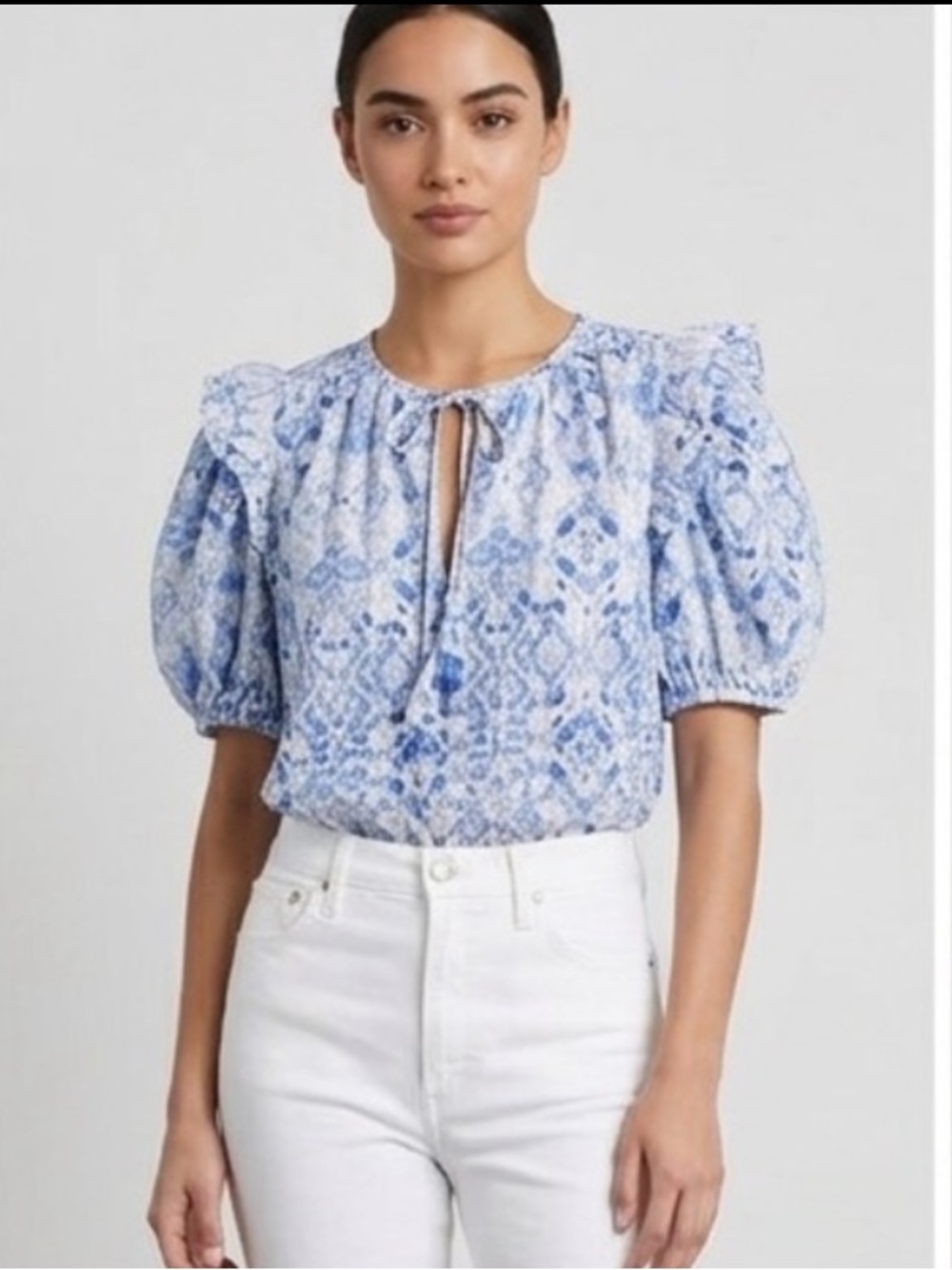 Olivaceous Blue and White Puff Sleeve Top